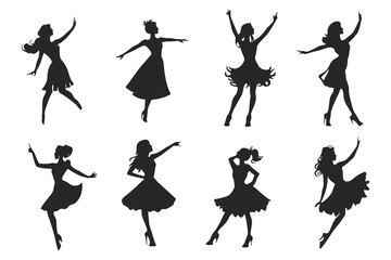 Dancing Women black silhouettes, Vector silhouettes of girls dancing in different positions high quality silhouettes isolated on white background