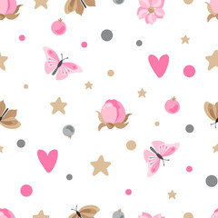 Seamless pattern with peony buds, butterflies and romantic elements. Print on fabric and wrapping paper.