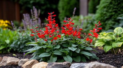 Vibrant Red Penstemon Flowers Blooming in a Summer Garden AI Generated