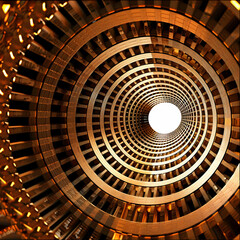 A perspective view of metal rings forms a tunnel-like structure leading to a bright light