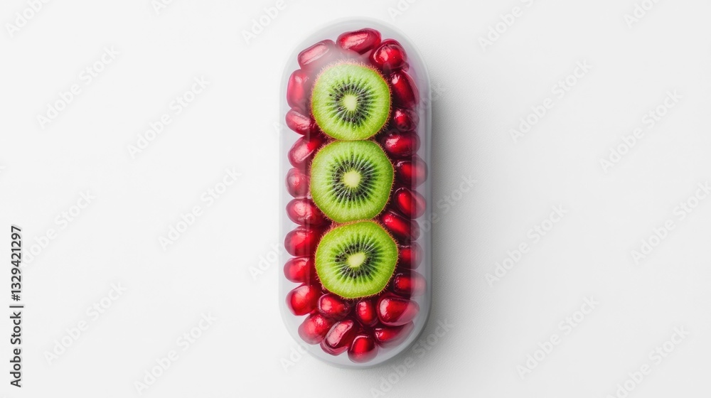Poster a close up view of a vitamin capsule displaying an arrangement of pomegranate seeds and kiwi slices 