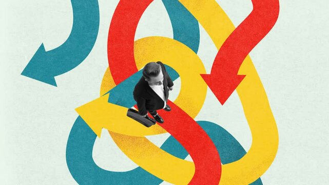Businessman standing on many tangled multicolored arrows, symbolizing complexity to find right direction in business. Stop motion, animation. Concept of business, progress, achievement, development