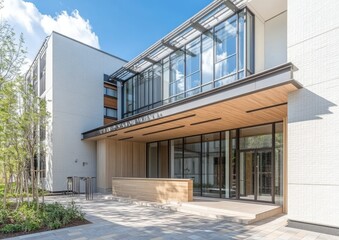 Modern school entrance, sunny day, landscaped courtyard, exterior view