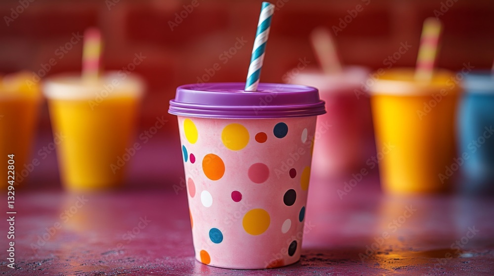 Poster a striking pink cup adorned with polka dots stands prominently in the foreground, surrounded by brig
