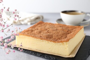 Tasty Japanese Castella sponge cake served on light table, closeup