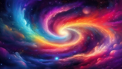 Vibrant galaxy swirls and glowing nebula clouds blend in cosmic hues, creating a mystical, dreamlike atmosphere filled with stars and radiant celestial energy.
