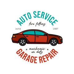 Fototapeta premium Car service emblem. Original vector illustration in vintage style. T-shirt design.