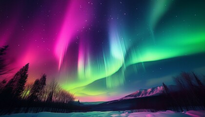 Naklejka premium Vibrant auroras dance across the night sky in fluid waves of neon green and pink, creating a mesmerizing, otherworldly glow over a dark, tranquil landscape. 