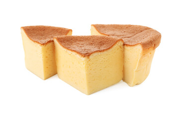 Pieces of tasty Japanese Castella sponge cake isolated on white