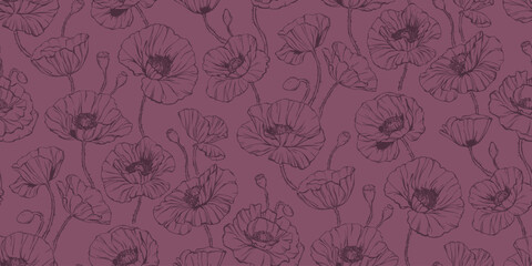 Elegant floral seamless pattern poppies - line illustration. Delicate print of flowers, petals, buds, nature. Doodle two-color silhouette repeat background. Simple vector graphics.