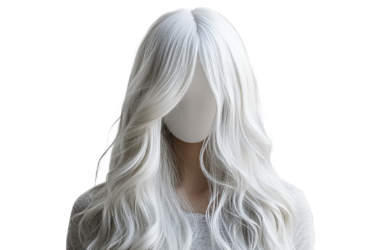 Elegant long white wig displayed with transparent background