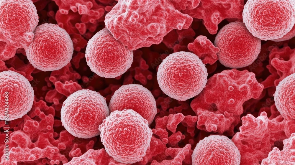 Poster close up microscopic view of aggressive fast growing cancer cells proliferating and spreading within