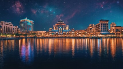 Fototapeta premium Night cityscape, waterfront reflection, starry sky, luxury buildings, tourism