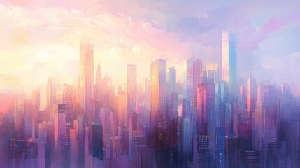 Pastel city sunrise, hazy skyline, dreamy cityscape, website banner