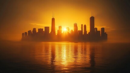 Fototapeta premium Sunrise cityscape, hazy lake, golden hour, urban skyline, travel brochure