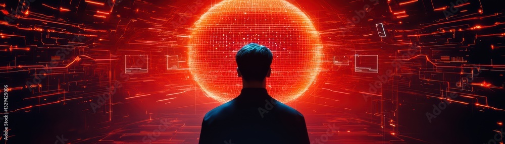 Poster surreal abstract concept of digital workspace with floating elements and vivid visualization