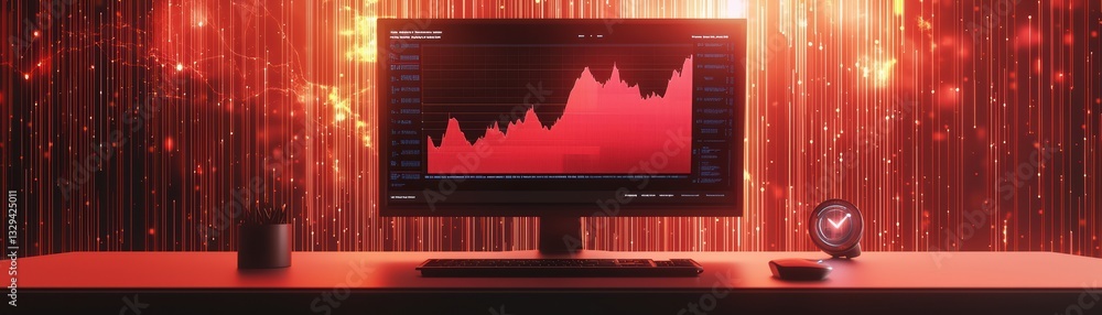 Poster surreal workspace with abstract digital graphs and red lighting for modern concepts