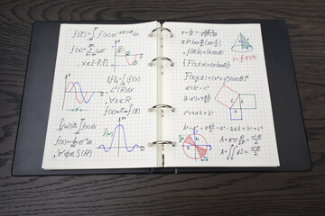 A photograph of an open notebook with handwritten mathematical formulas, graphs, and drawings. The notebook pages are gridded, with visible binder rings. 