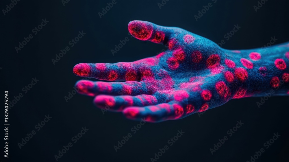 Poster vivid and colorful microscopic view of pathogens colonizing the skin on hands after contact with an 