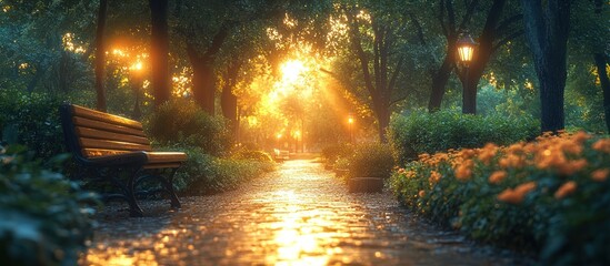Fototapeta premium Sunlit park path after rain, bench.