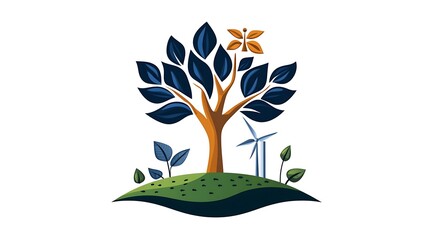 Stylized Illustration of a Tree with Wind Turbines on a Hilltop AI Generated