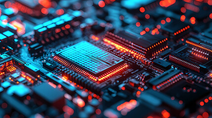Obraz premium A close-up image of a circuit board with vibrant blue and red lights, showcasing intricate electronic components and connections.