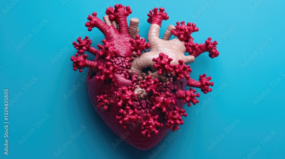 Poster close up microscopic view showing the invasive and threatening nature of a virus attacking and damag