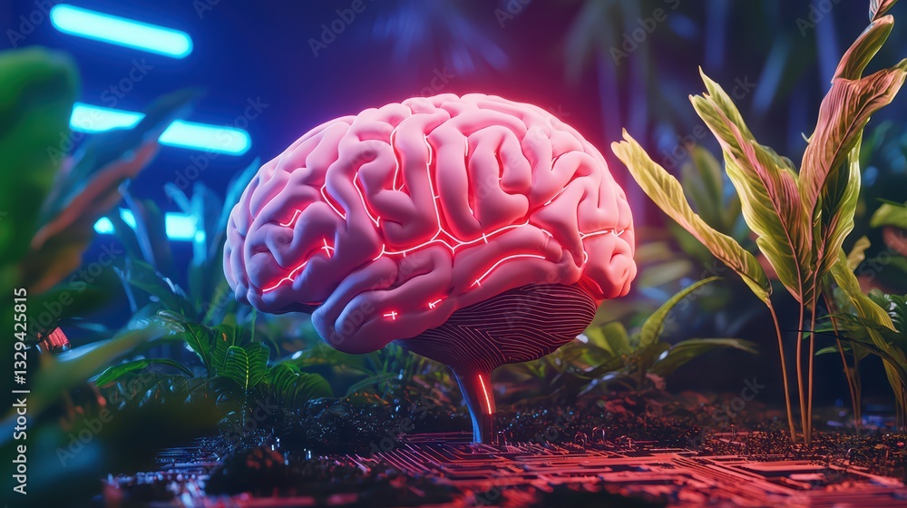 Poster glowing brain concept representing artificial intelligence in digital environment with neon lights