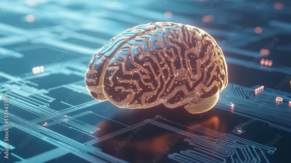 Poster glowing digital brain representing concepts of artificial intelligence and advanced technologies