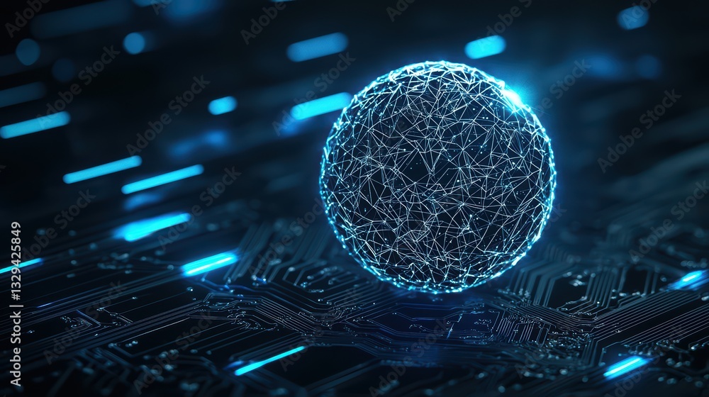 Poster digital concept of artificial intelligence with glowing sphere on circuit board background