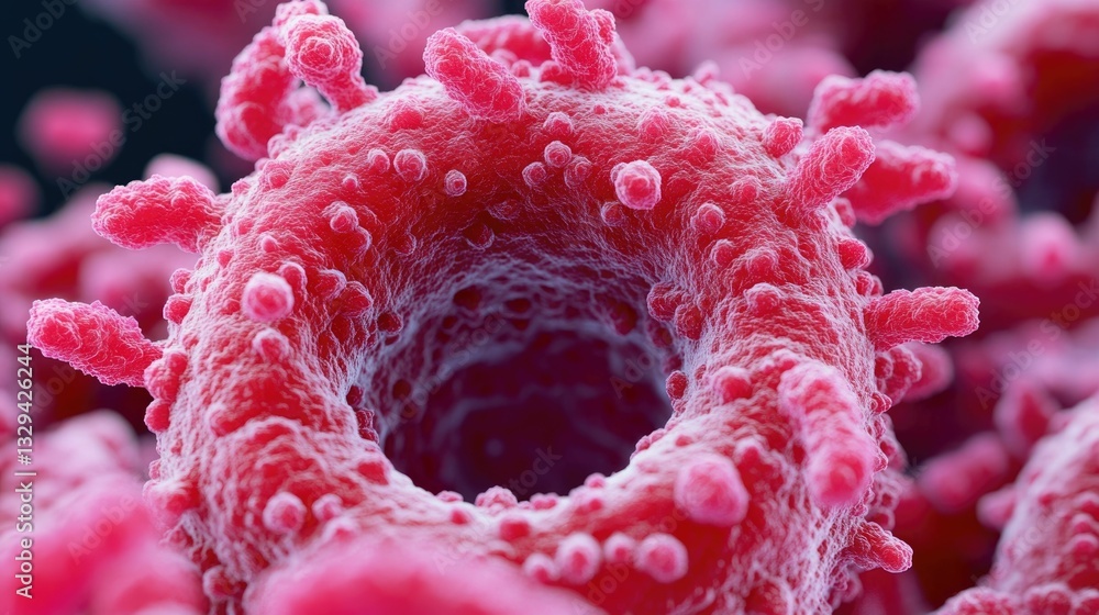 Poster vivid and detailed microscopic view of viruses or bacteria in the saliva glands showcasing the intri