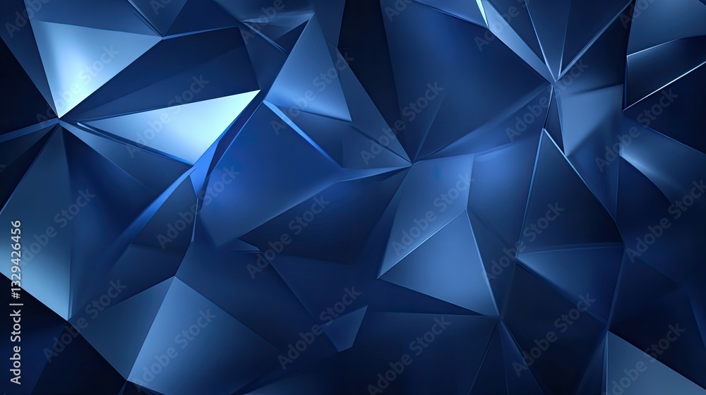 Poster abstract blue geometric background with shiny polygonal triangles and deep shadows