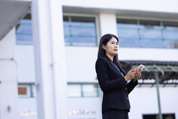 Future remote work combines technology smart phone digital business woman enable e-learning...