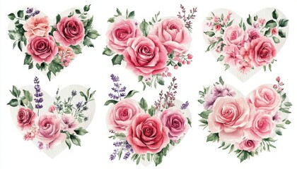 Six Watercolor Pink Rose Hearts Floral Arrangement