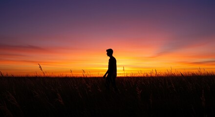 silhouette of a man walking on a meadow at sunset