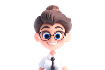 Cheerful smiling businesswoman cartoon character wearing glasses a white shirt and a tie exuding confidence and professionalism