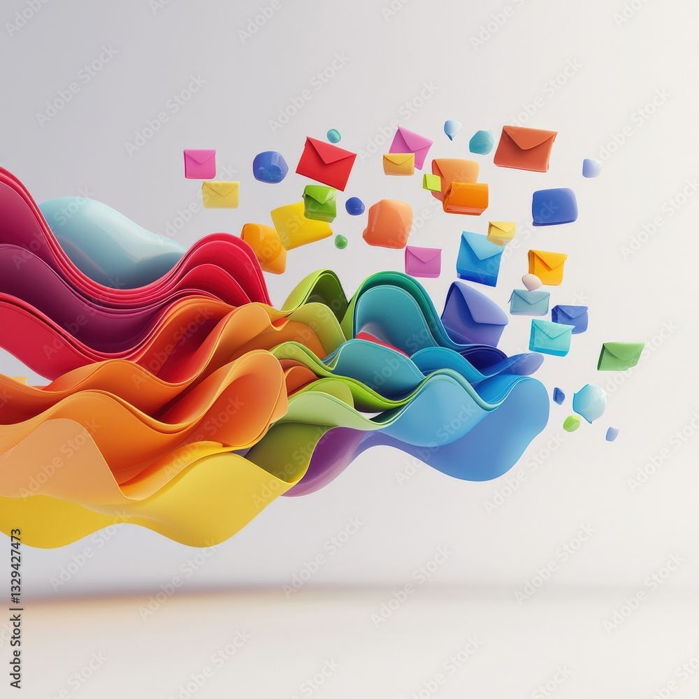Poster speech bubbles with greetings forming a wave of color in a digital landscape.