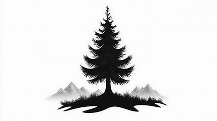 Obraz premium Silhouette of a Majestic Pine Tree Against Misty Mountain Peaks - Ink Illustration AI Generated