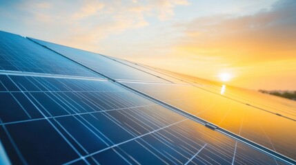 Modern house with blue solar panels under warm sunset, blending sustainability with serene beauty.