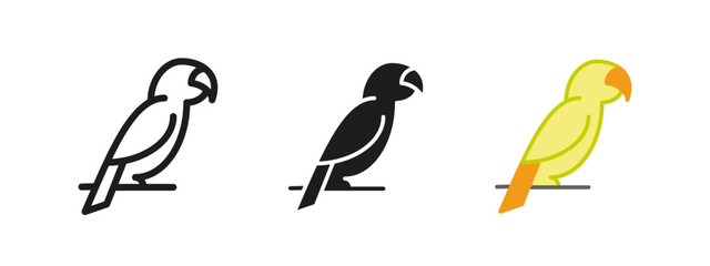 Parrot icon. Perched tropical bird with a curved beak vector illustration. Represents exotic wildlife, pet birds and jungle themes. Ideal for nature and animal designs.