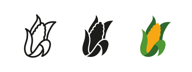 Corn icon. Fresh yellow maize with green husk vector illustration. Organic vegetable symbol. Nutritious grain pictogram. Farm-grown and natural food concept.