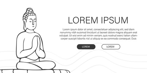 Asian Buddha in lotus position meditating in linear style on white background. Template, web banner for Buddha's birthday, Vesak holiday. Minimalistic poster relax spa advertising copyspace