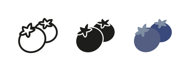 Blueberry icon. Fresh and juicy berries with green leaves vector illustration. Sweet and healthy fruit symbol. Organic food pictogram. Nutritious and vitamin-rich snack concept.