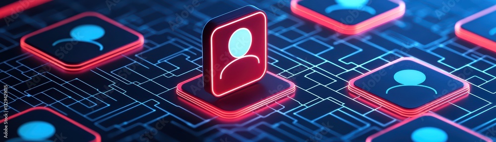 Aufkleber abstract concept of decentralized teamwork with glowing user icons on digital background