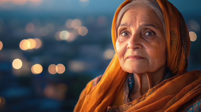Portrait of an elderly Indian woman in a traditional orange headscarf and sari, looking thoughtfully at the camera against the backdrop of evening city lights. - Powered by Adobe