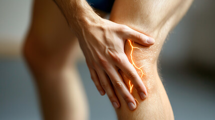 Male athlete right hand holding left knee standing injured after accident knee inflammation pain orange-red flare after accident consulting doctor clinic hospital