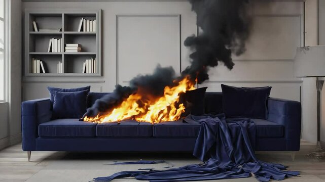 Dramatic living room fire sequence with intense flames and smoke on blue sofa, highlighting potential dangers and urgency in interior safety and emergency responsiveness