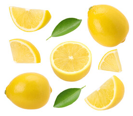 Fototapeta premium lemon fruit, slice, half and leaves isolated, transparent png, PNG format, cut out, collection