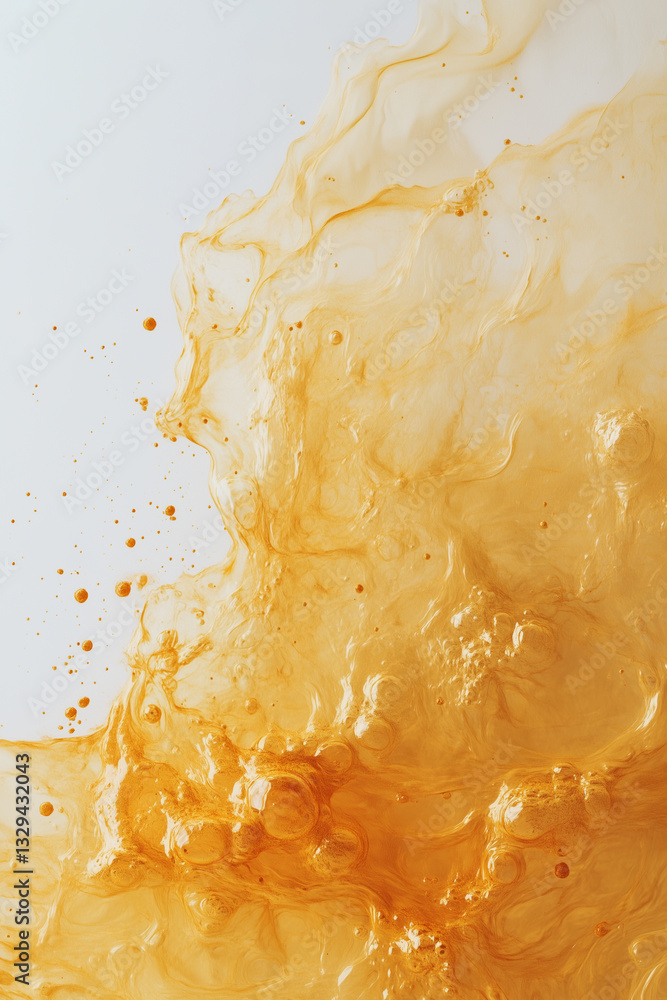 Poster golden liquid splash with bubbles and foamy texture on white background, creating dynamic and vibran