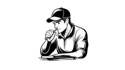 Hand-Drawn Illustration: Pensive Craftsman Reviewing Notes AI Generated